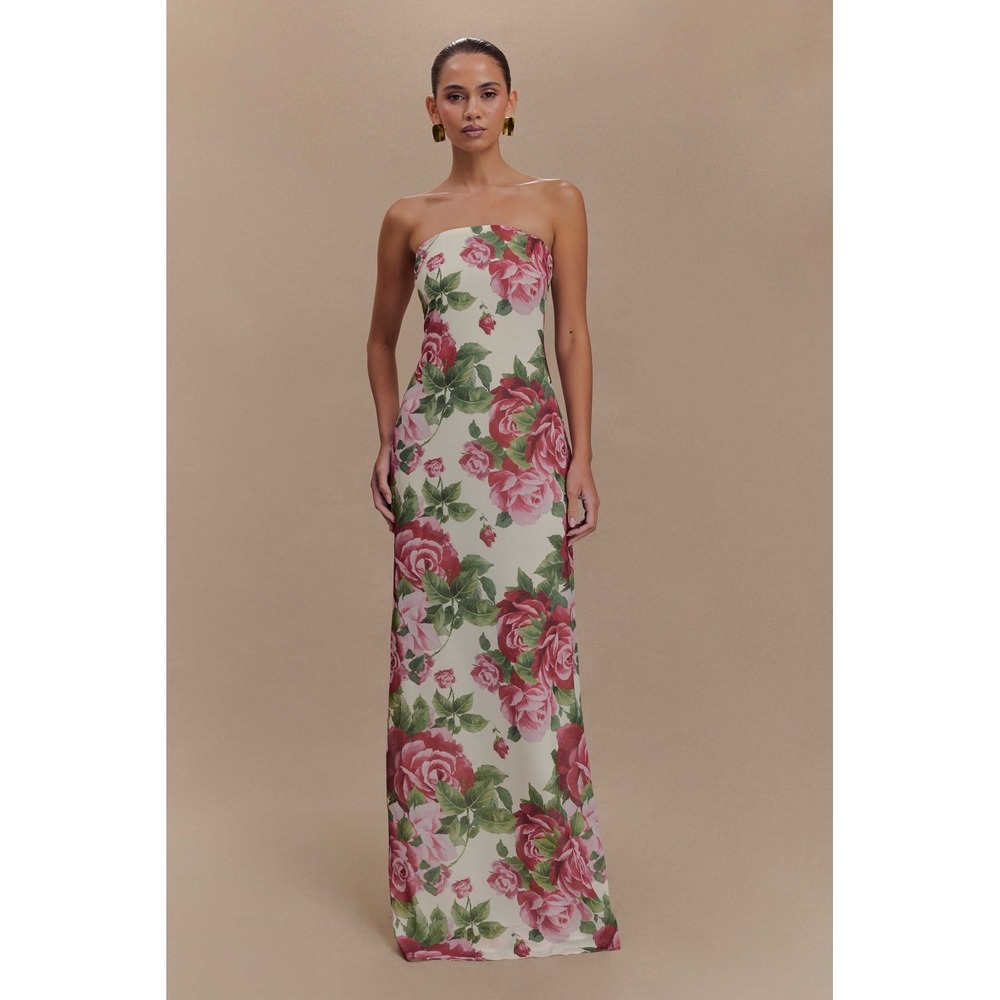MESHKI Ella Strapless Chiffon Maxi Dress Sonia Rose Print Floral Size XL